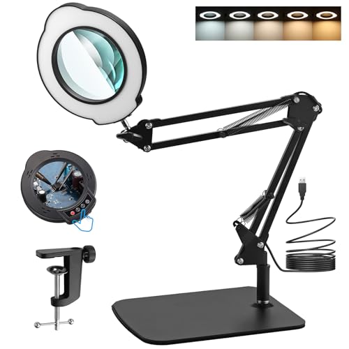 eSynic 8X Lente di Ingrandimento da Tavolo con Luce 84 LED 800LM, 10 Luminosità Regolabile e 3 Colori 3000-6500K, Stazione d'Ingrandimento in Lega Alluminio con Clip Apertura 5.5cm e USB Cavo 1.45m