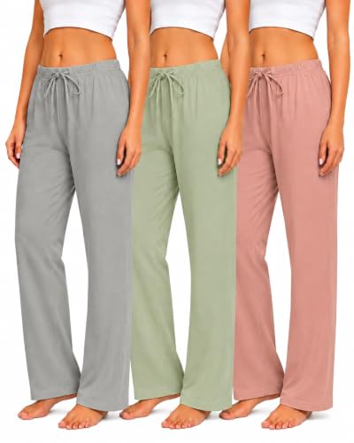 Image of Veseacky Women 100% Cotton Pajama Bottoms Comfy Soft Lounge Sleep Pants Drawstring Sleepwear 3 Pack S-XXL