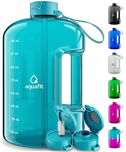 AQUAFIT 1 Gallon Water Bottle With Time Marker Large Water Bottle Gallon Water Bottle Motivational 1 Gallon Water Bottle With Straw 1 Gallon Water Jug With Time Marker 1 Gallon Water Bottle Light Blue