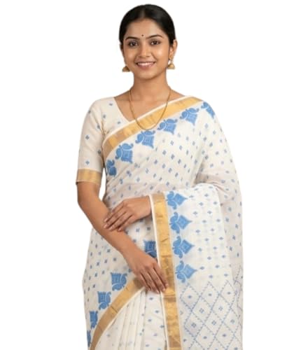 Image of eC ESHA'S COLLECTION Women's Kerala Cotton Floral Motif Printed Zari Bordered Tant Saree Without Blouse Piece