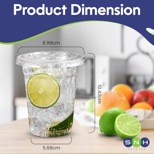 SNH 25 Pieces 12Oz Juice Cup With Lid Clear Strong Disposable Cups - Ideal for iced coffee, smoothies, Bubble Boba tea, milkshakes, frozen cocktails, water, sodas, juices, snacks, dessert & more.