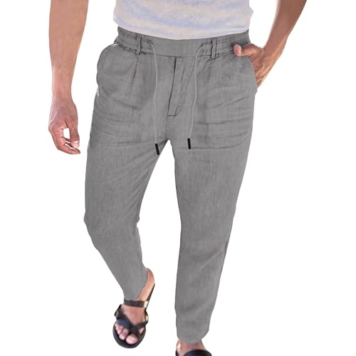 Men's Cotton Linen Drawstring Beach Pants Straight Leg Casual Summer Trousers Lightweight Basic Solid Long Pants