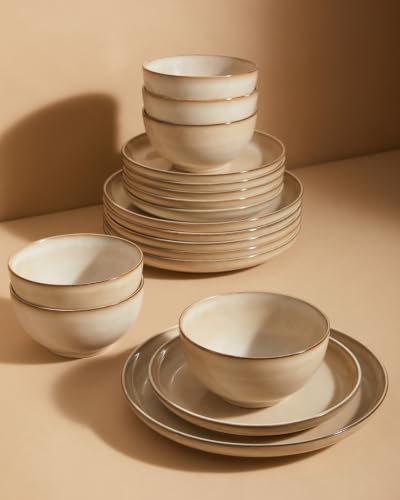 Image of Pokini Stoneware Dinnerware Sets for 6, 18 Pieces Ceramic Plates and Bowls Sets, Chip and Scratch Resistant Dish Set, Dishwasher & Microwave Safe Plate Set, Mocha Beige