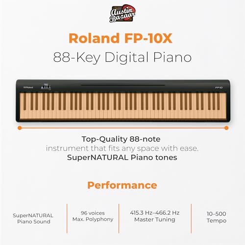 Roland FP-10 88-Key Digital Piano - Black Bundle with Adjustable Stand, Bench, Sustain Pedal, Instructional Book, Online Lessons, Instructional DVD, and Austin Bazaar Polishing Cloth