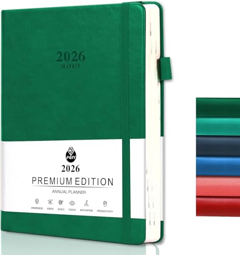 2026 Weekly Monthly and Daily Planner A5 Notebooks with Elastic Closure Thick Cover Paper for Office School Home 388 Pages (Dark Green)
