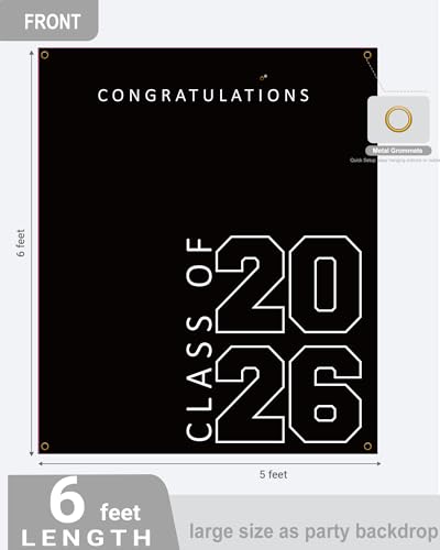 Class of 2026 Graduation Banner 5X6feet - Large CONGRATS GRAD Polyester Banner, Photo Backdrop & Wall Decor for Commencement Party Supplies, Black and White Graduation Party Decorations for High School & College