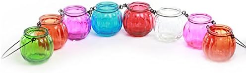 GOLDBEARUK Glass hanging lanterns X8 different coloured glass tealight holders with handles