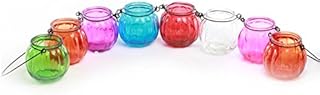 GOLDBEARUK Glass hanging lanterns X8 different coloured glass tealight holders with handles