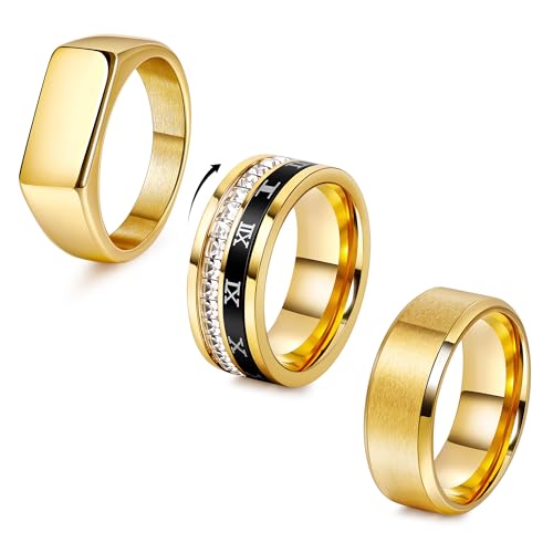 Masedy 3PCS 18K Gold Stainless Steel Rings for Men Cool Fidget Spinner Ring Silver Pinky Signet Rings Roman Numeral Cubic Zirconia Ring Set Anxiety Relief Fashion Engagement Wedding Rings Gold 10