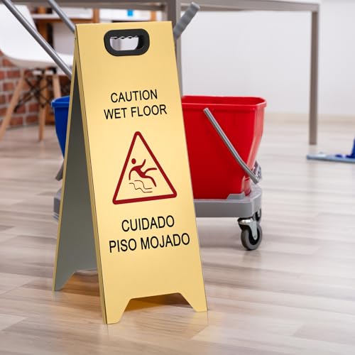 MorningRo 2 Pcs 24 Inch Stainless Steel Wet Floor Sign, Gold Heavy Duty Caution Wet Floor Sign Double Sided Portable Foldable Bilingual Safety Warning for Restaurant Restroom Office Avoid Fall by MorningRo - Image 6