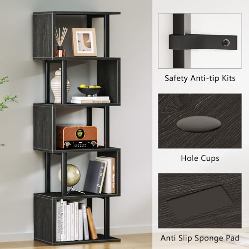 Image of Furologee 6 Tier Bookshelf Tall Geometric Bookcase, S Shaped Industrial Display Standing Shelf, Metal and Wood Decorative Storage Room Divider Rack for Bedroom, Living Room, Office, Light Black Oak