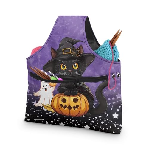 Image of KUIFORTI Cat Yarn Bag, Pumpkin Knitting Crochet Bag, Ghost Yarn Storage Bag Organizer, Halloween Gifts for Women Wrist Bag, Yarn Tote Bags for Crocheting, Holding Yarn, Knitting Needles, Large Size