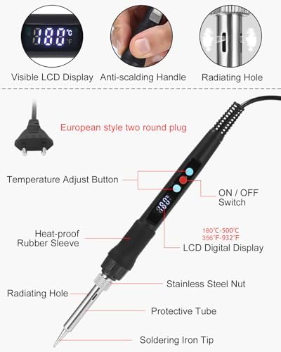 Bild 1 - 100W LED Lötkolben mit einstellbarer und verriegelter Temperatur 180℃-500℃, ON/OFF, Ständer, 10g Dräht, 5 Spitz, Lötset für elektrische Arbeiten und Hausgebrauch