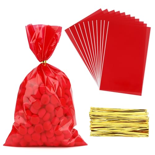 Red Cellophane Treat Bags 100 PCS Clear Red Candy Bags 6x9 Inch Plastic Clear Cookie Goodie Bag Gift Snack Treat Bag with Twist Ties for Christmas Valentines Weddings Birthday Party Favor Supplies