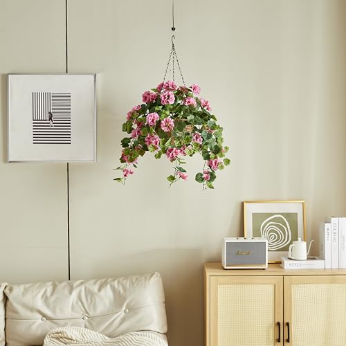 365 Blooming Decor 24インチ 人工吊り下げ式ピンクゼラニウム – パティオ/ガーデンポーチ/バルコニー装飾用のプレミアムウィッカーラタンバスケットに入った本物そっくりの花 – 色あせしにくく、調節可能な枝、組み立て簡単 [5]