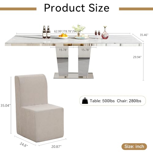 Image of 7-Piece Extendable Dining Table Set for 6, Modern 63 inch-94 inch White Marble Expandable Kitchen Table Set with 6 Sofa Chairs,Large Extendable Dining Room Tables with Mirrored Columnar Base