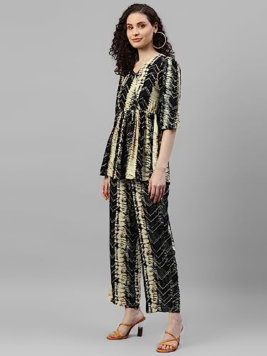 Image of DEEBACO Striped Rayon Flared Tunic & Straight Pants Co-Ord Set For Women V-Neck & 3 /4 Puff Sleeve Ladies Party Casual Wear Fashionable For Girl Relaxed Fit Cord Set (DBCOMR00000904 M Multicolor)