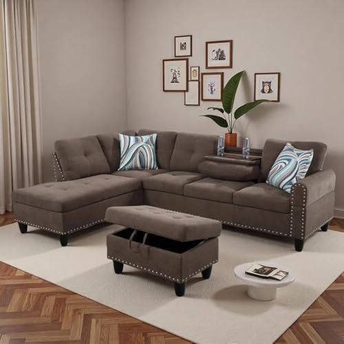 Trygoal L-Shaped Sectional Sofa with Movable Chaise & Storage Ottoman, Lounge 3-Piece Modular Convertible Couches for Living Room, Apartment & Office, Brown Trygoal L-Shaped Sectional Sofa with Movable Chaise & Storage Ottoman, Lounge 3-Piece Modular Convertible Couches for Living Room, Apartment & Office, Brown