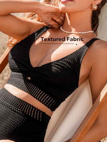 CUPSHE Women's Bikini Sets Two Piece Swimsuits High Waisted V Neck Front Twist Cut Out Mid Rise Bottom Textured4