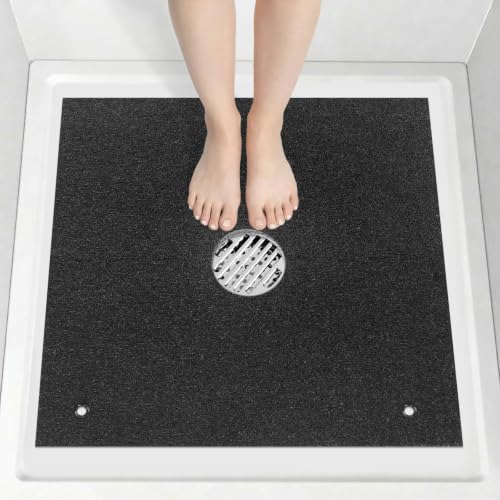 Non Slip Shower Mat: 32x32 Inch Extra Large Square Shower Mats for Inside Shower with Central Drain Hole - Soft PVC Loofah Floor Mat for Walk-in Shower or Bathtub, Quick Drying-Black