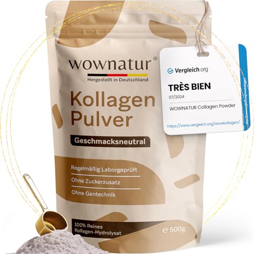 WOWNATUR® Collagen Poudre 500g Powder - Solubilité parfaite - Hydrolysat de collagène de première qualité - Petite taille des peptides de type 1, 2 et 3 - Goût et odeur neutres - L'original
