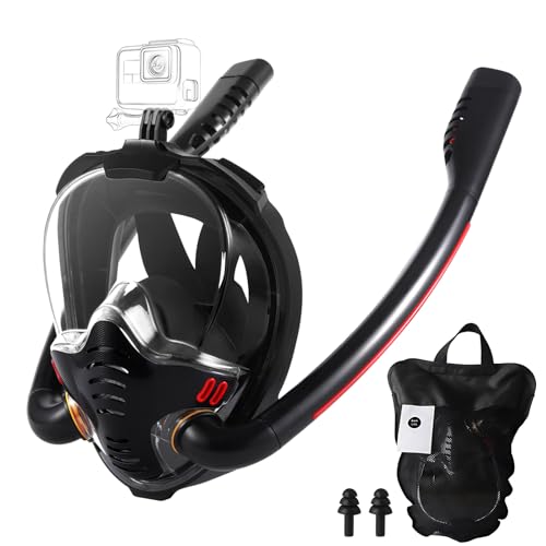Schnorchelmaske Erwachsene, Doppelrohre Tauchmaske Schnorchelmaske Vollmaske Anti-Fog und Anti-Leck-Technologie, 180° Sicht mit Abnehmbarer Kamerahalterung Taucherbrille für Jugendliche (Schwarz)