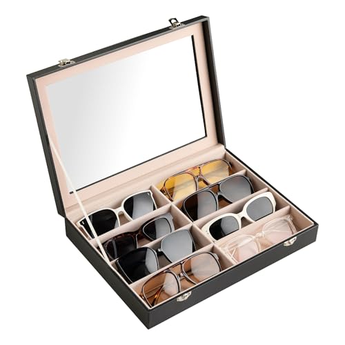 Frebeauty Sunglass Organizer PU Leather Glasses Organizer 8-Slot Sunglasses Tray with Clear Lid Mens/Womens Sunglasses Box Sunglass Case 13.3x9.6x2.4 Inches Eyeglass/Eyewear Display Tray(Black)