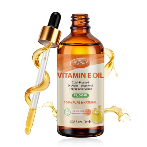 Pjordo Huile de Vitamine E - 100% Pure et Naturelle, Vitamine E Huile 70 000 UI pour la Peau, le Visage, les Cheveux, les Ongles et les Cicatrices, Hydratation Profonde et Raffermissement de la Peau