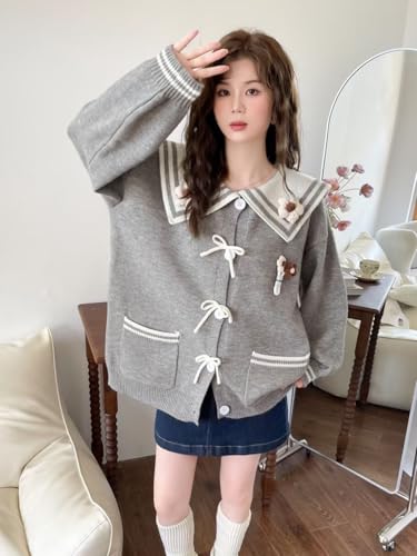 Preppy Style Sailor Collar Hoodie Sweater Casual Stylish Button Top Spring Autumn Loose Pockets Sweatshirt for Women4