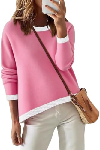 Image of Womens Striped Lightweight Cotton Sweaters Long Sleeve Crew Neck Color Block Casual Knitted Pullover Tops