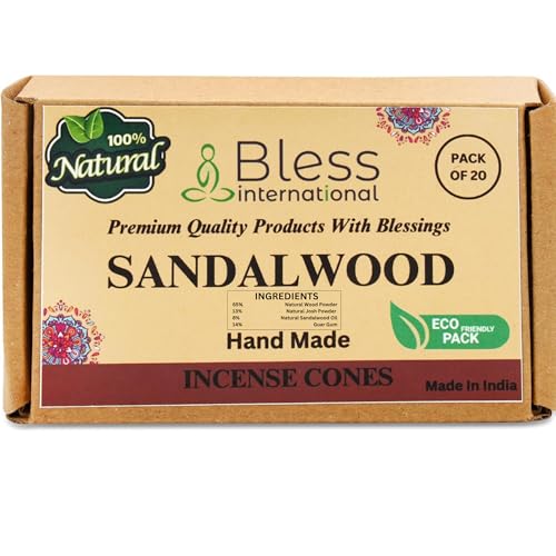 Bless International Sandalwood 100%-Natural-Incense-Cones Handmade-Hand-Dipped Organic-Chemicals-Free for-Purification-Relaxation-Positivity-Yoga-Meditation The-Best-scents (20 Count)