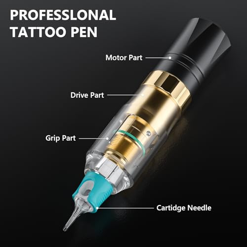 Tattoo Gun Kit Wireless Tattoo Machine Pen Kit with 2 Batteries 16 Cartridge Needles 7 Ink Colors for Complete Rotary Tattoo Supply HW-TK1005-1