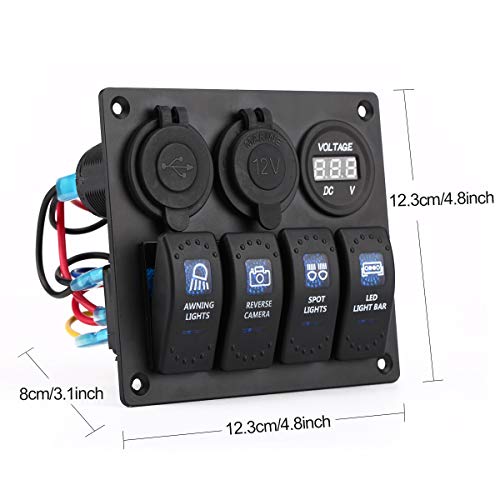 Garfour Waterproof Boat Rocker Switch Panel Aluminium Panel With 12V Voltmeter 3.1A Dual Usb Cigarette Lighter Socket 4 Bang Boat Switch Panel For Car Boat #TOP4