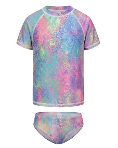 Image of Girls Two Piece Rash Guard Swimsuits Set Short Sleeve Bathing Suit for Kids Hawaiian Swimwear Set 3-16 Years