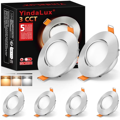 YindaLux Lampa sufitowa LED do zabudowy 230 V, możliwość ściemniania IP44, 5 W, ultra płaska, średnica wiercenia 68-80 mm, 3000 K/4000K/6000K, obrotowa 45°, lampa sufitowa LED do łazienki, kuchni