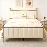 E-Ser Queen Size Bed Frame with Headboard, Upholstered Metal Platform Bed Frame Queen Supported by Strong Metal Slats, No Box Spring Needed, Easy Assembly, Noise-Free, Gold/Beige