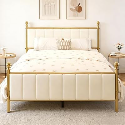 E-Ser Queen Size Bed Frame with Headboard, Upholstered Metal Platform Bed Frame Queen Supported by Strong Metal Slats, No Box Spring Needed, Easy Assembly, Noise-Free, Gold/Beige