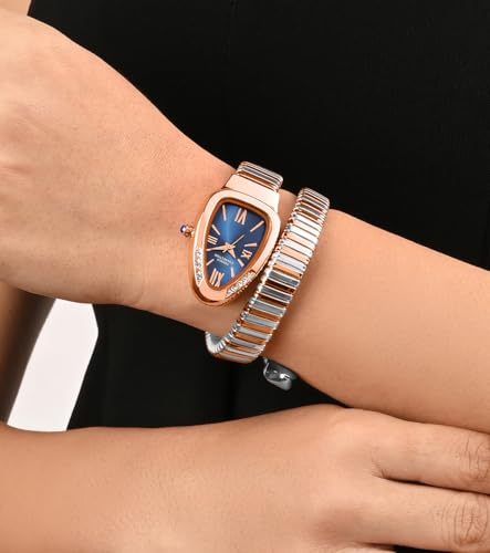 Image of French Connection Eternelle Curve | Blue Dial with Rose Gold Case | Flexible Wrap Bracelet Strap | Crystal Accent Design | Roman Numerals Analog Watch for Women - FCN0142URTM