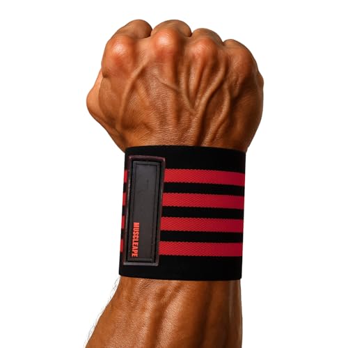 Image of Muscleape Wrist Wraps for Gym | SuperFabric Strength Support Straps for Heavy Lifting, CrossFit & Powerlifting | Adjustable Compression Wrist Support for atheletes- Superb Workout Wrist Stability & Protection. (Red-Black, 14 Inches)