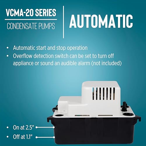 Image of Little Giant VCMA-20ULS 115 Volt, 80 GPH, 1 /30 HP Automatic Condensate Removal Pump for HVAC /Refrigeration Systems /Dehumidifiers with Overflow Detection Switch and 6-Foot Cord, White /Black, 554425