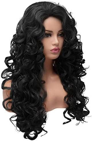 BESTUNG Long Black Curly Costume Wig Styled Halloween 80s Wigs for Women Full Head Cosplay Costume Hairpiece (Natural Black)