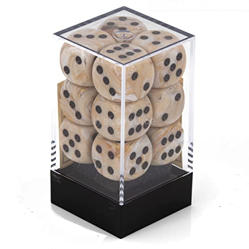 Chessex Dice D6 Sets: Marble Ivory With Black - 16Mm Six Sided Die (12) Block Of Dice (1-Pack) #TOP3