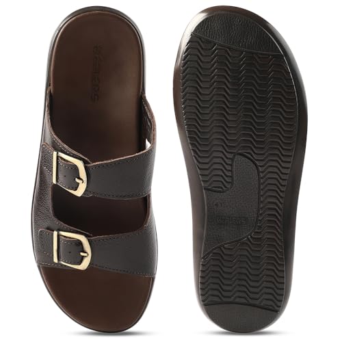 Image of Liberty Healers MDL-11E Men Casual Sandals, Black & Brown - Formal Look Sandals for Men with Buckle Strap - Stylish Flat Sandal for Man - Lightweight and Comfortable Footwear