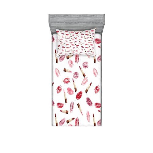 Ambesonne Cosmetics Fitted Sheet & Pillow Sham Set, Beauty Theme Pink and Burgundy Lipstick and Kiss Pattern Makeup Concept, Decorative Printed 2 Piece Bedding Decor Set, Twinxl, Burgundy Pink