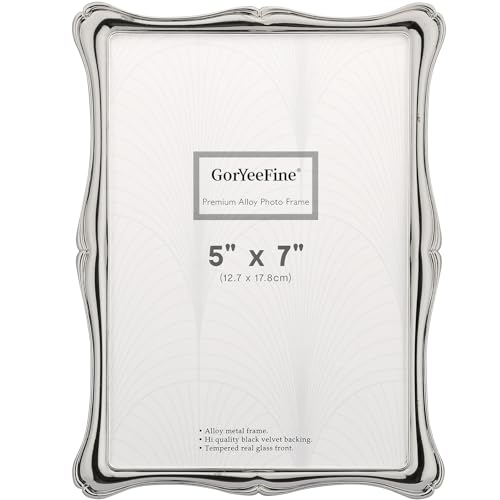 GorYeeFine Silver 5x7 Premium Alloy Picture Frame Luxury High-End Decor 7x5 Photo Frames with Real Glass and Velvet Backing for Tabletop or Wall Hanging