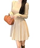 [Dewlily] ニットプリーツワンピース レディース 10代 20代 30代 韓国ファッション カジュアル 長袖 ミニ スクエアネック 春 秋 冬 無地 シンプルdy-1512-bg-f