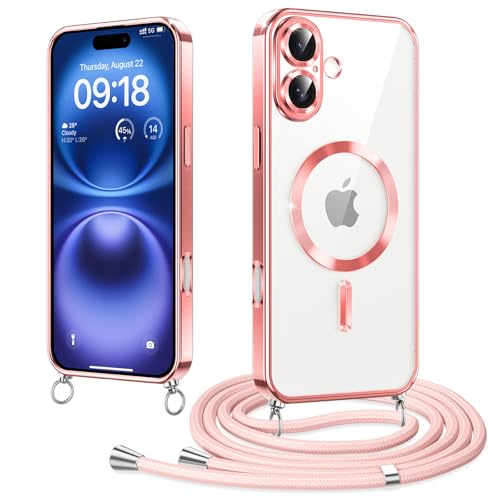 Elettrolitico Magnetica Cover con Cordino per iPhone 16 6.1 Compatibile con Magsafe Ricarica Antiurto AntiGraffio con Collana Regolabile Case per 16 wireless rosa tpu