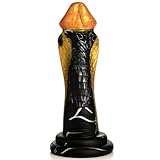 FANTASY DILDO - Dieser goldene und schwarze phallische Schlangenschaft hat einen gebogenen Körper, gerippte Schlangenschuppen und eine breite, ausgestellte Kapuze in der Nähe des penisförmigen Kopfes.