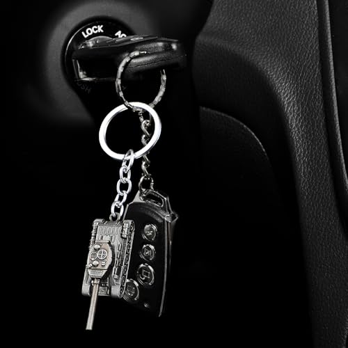 3D Tank Model Car Keychain, Zinc Alloy Car Key Fob, Cool Vehicle Key Ring Present for Men (Silver)