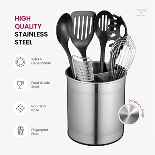 Extra Large Stainless Steel Kitchen Utensil Pot - 360° Rotating Utensil Holders - Weighted Stable Base - Utensil Storage Caddy with Removable Divider for Easy Cleaning - Utensil Holders & Organisers
